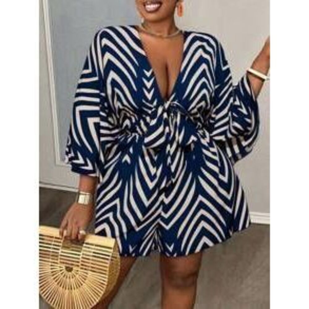 Slaydiva Plus Size Women Holiday Casual V-Neck Loose Printed Romper